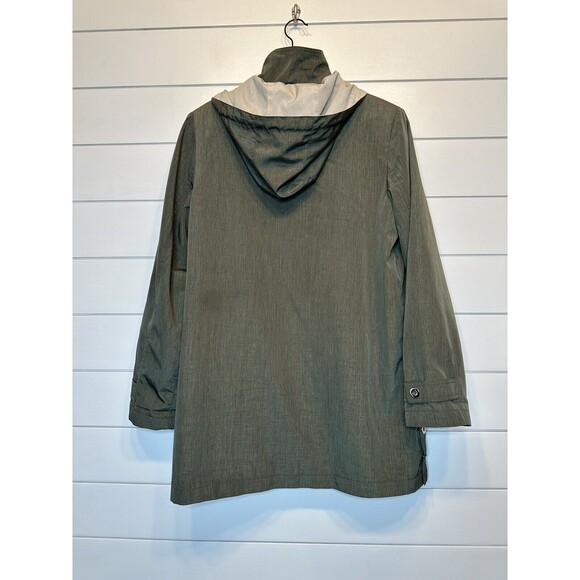Manteaux Women's Rain Jacket SMALL Green Khaki Zip Snap Hooded Lined Rain Coat - Picture 6 of 11